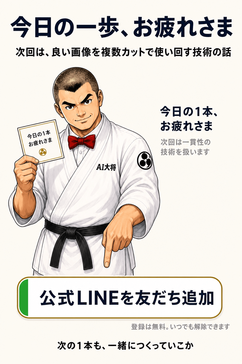 AI大将が次回の予告をしながら、公式LINEの友だち追加ボタンを指し示している図