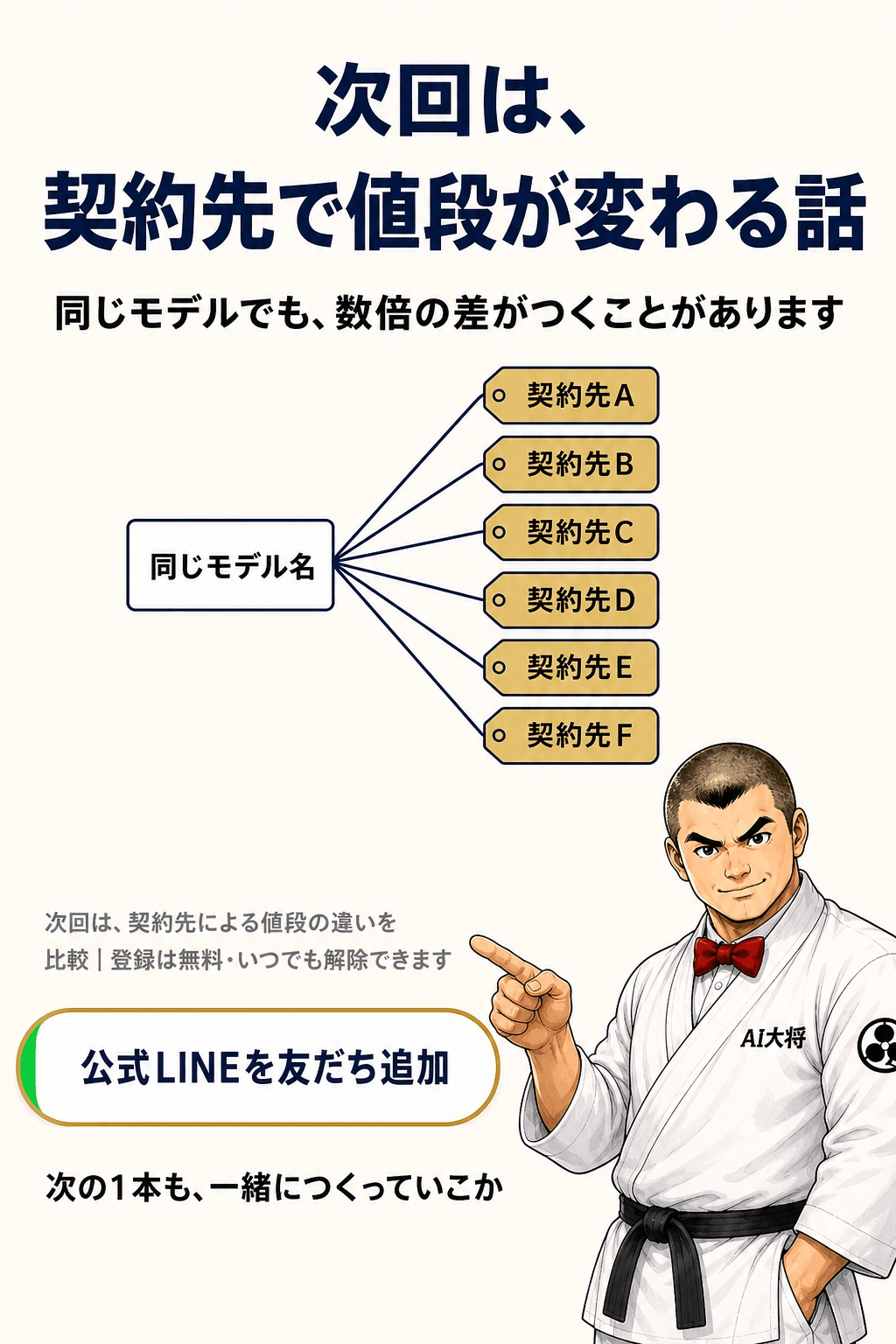 AI大将が次回の予告をしながら、公式LINEの友だち追加ボタンを指し示している図