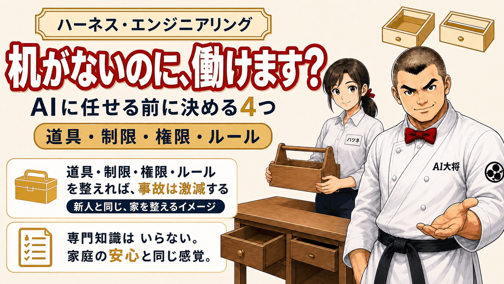 AI大将が、机と道具箱を用意された新人のAI社員に、開けていい引き出しと開けたらいけない引き出しを示している図