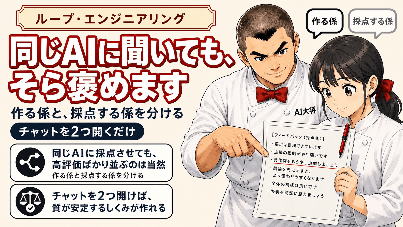 AI大将が、赤ペンの入った書類を受け取った新人のAI社員に、別の担当が見た指摘を説明している図